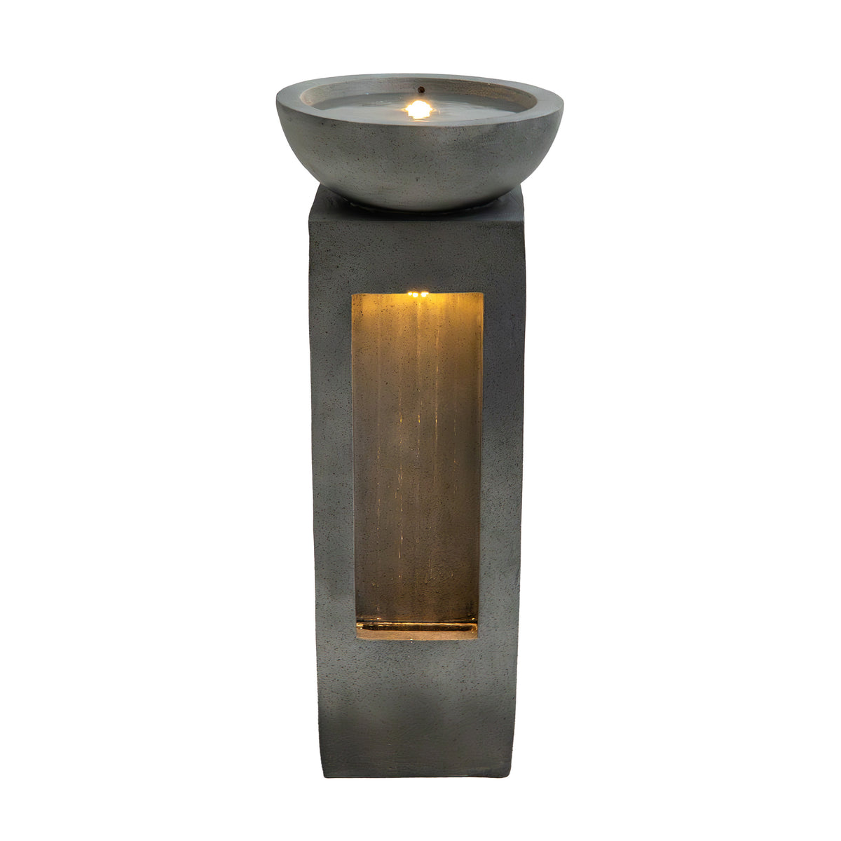 Elegante elektrische Wasseranlage "Serenity Falls" aus grauem Beton mit sanftem Licht und fließendem Wasser, ideal für entspannende Atmosphären