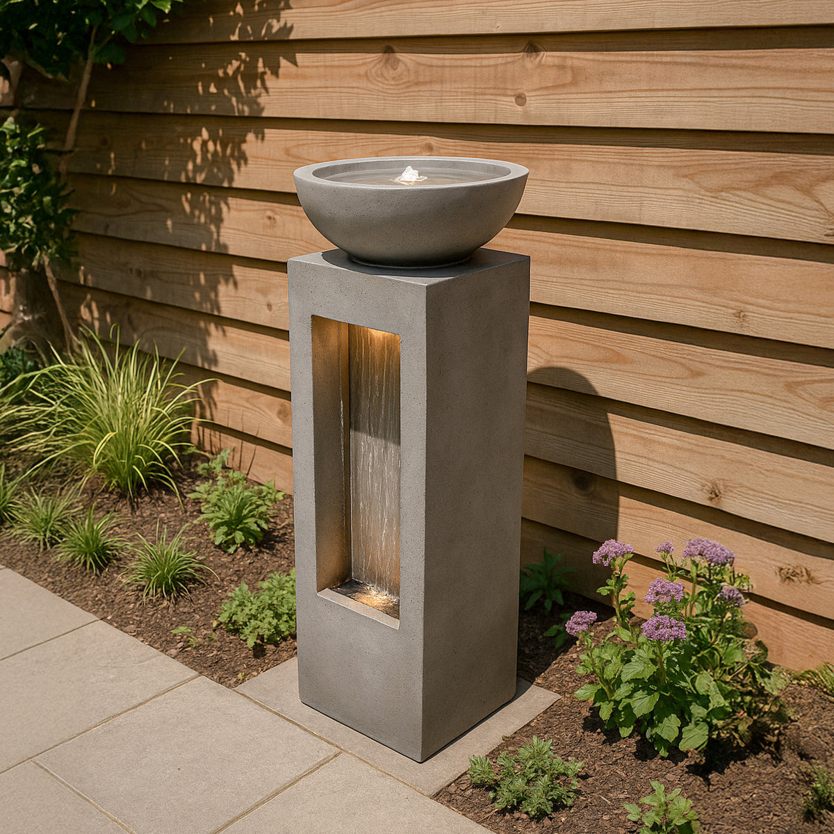 Elegante elektrische Wasseranlage "Serenity Falls" aus grauem Beton mit sanft fließendem Wasser und einer dekorativen Schale oben, umgeben von grünen Pflanzen