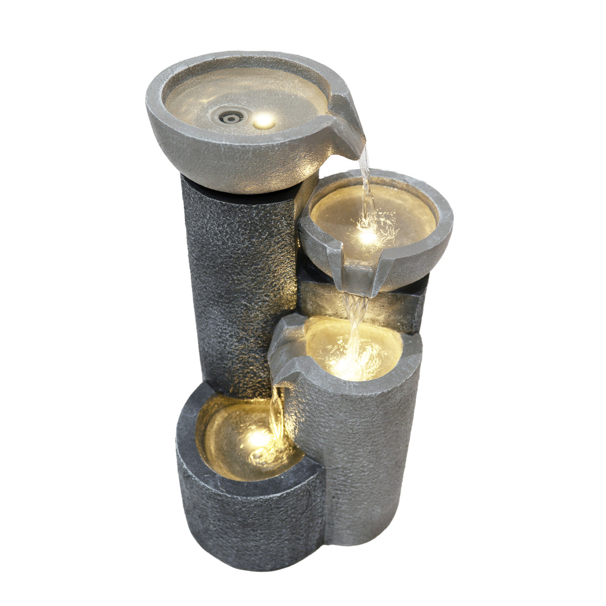 Elegante elektrische Wasseranlage "Tranquil Tiers" mit drei Schalen, grauer Steinoptik, sanft fließendem Wasser und integrierten LED-Lichtern