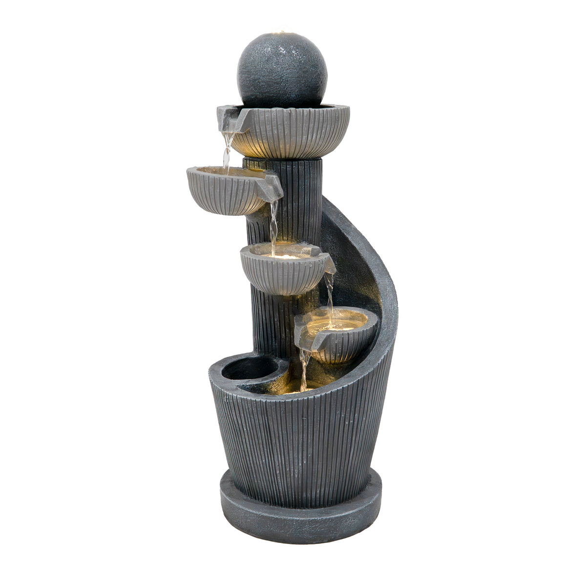 Elegante elektrische Wasseranlage "Spiral Springs" aus schwarzem Stein mit mehreren Wasserbecken und sanft fließendem Wasser, ideal für Garten oder Terrasse