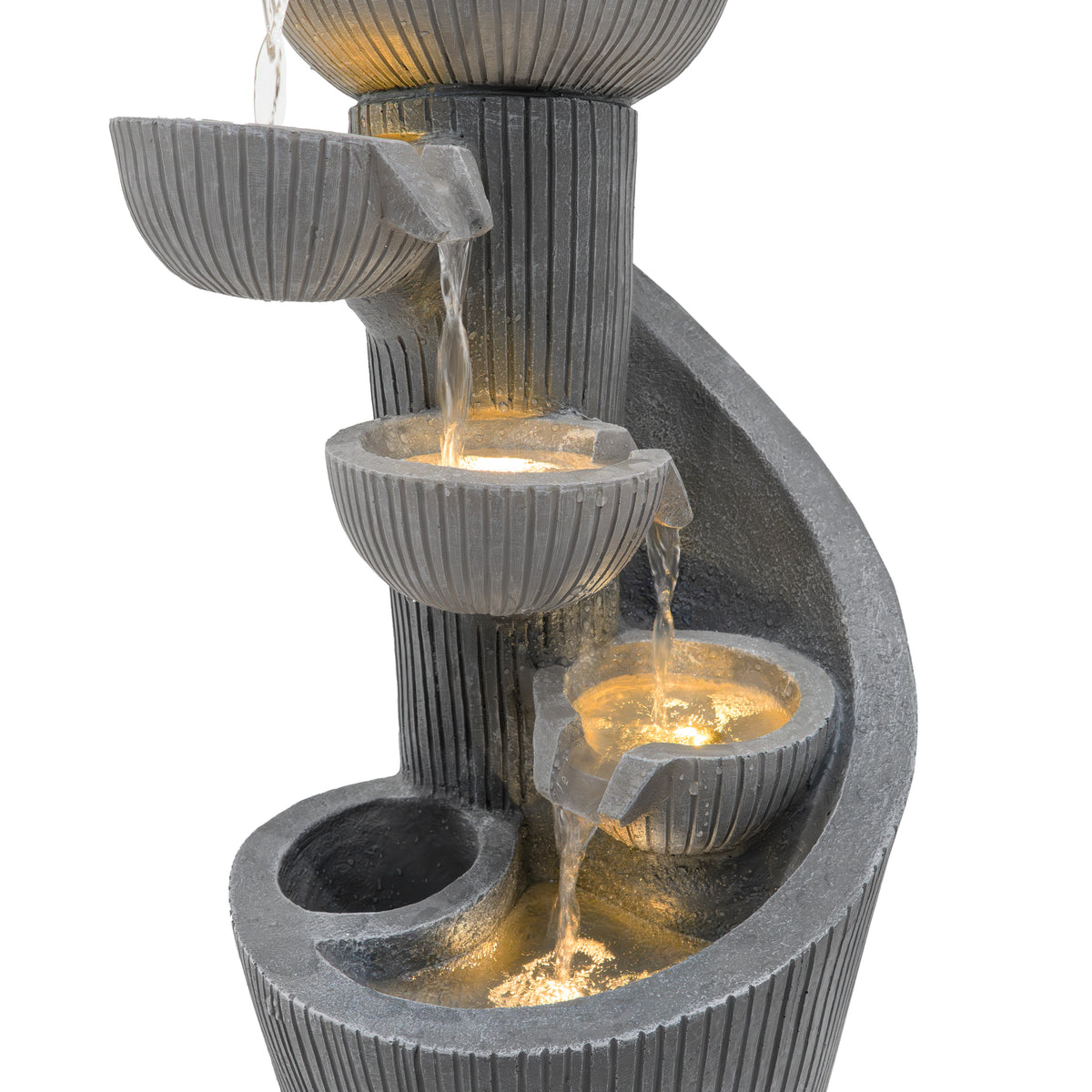Elegante elektrische Wasseranlage "Spiral Springs" mit mehreren Schalen, die Wasser in sanften Strömen fließen lassen, aus grauem, strukturiertem Material gefertigt