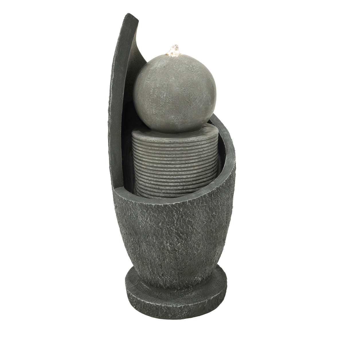 Elegante elektrische Wasseranlage "Zen Cascade" aus grauem Stein, mit geschwungenen Formen und einer sanften Wasserfontäne, die Ruhe ausstrahlt