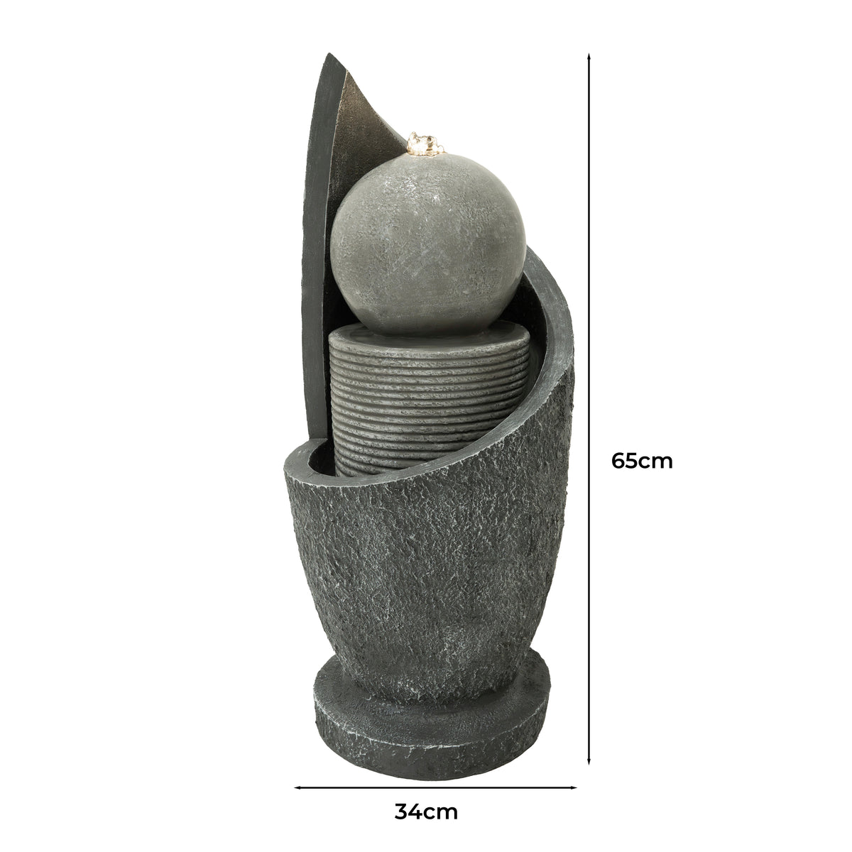 Elegante elektrische Wasseranlage "Zen Cascade" aus grauem Stein, mit geschwungenen Formen, einer runden Kugel und gestapelten Zylindern, 65 cm hoch, 34 cm breit