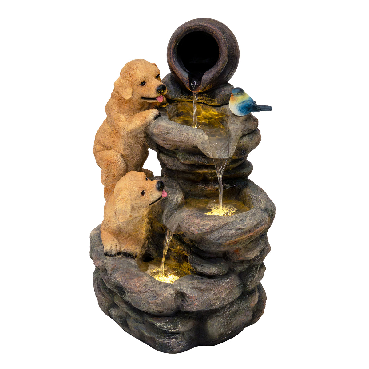 Zwei spielende Hunde aus Kunststein an einer Wasseranlage mit fließendem Wasser, umgeben von Felsen und einem kleinen Vogel, lebendige Farben und realistische Details