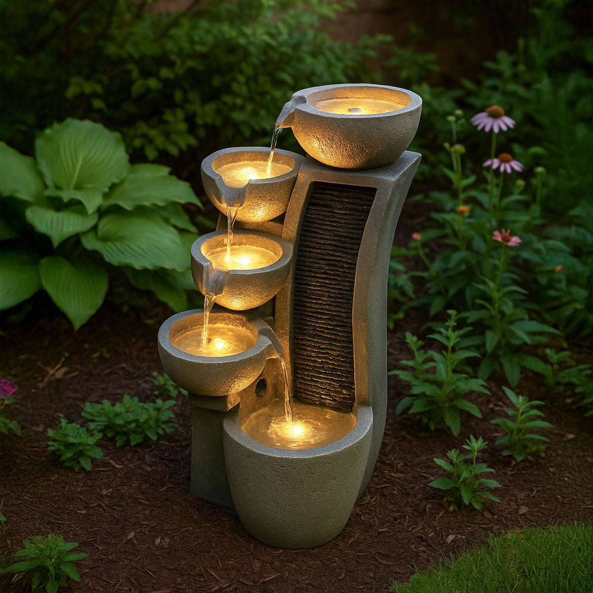 Moderne elektrische Wasseranlage "Sleek Streams" mit fünf schalenförmigen Becken, sanft fließendem Wasser und warmem Licht, umgeben von üppigem Grün