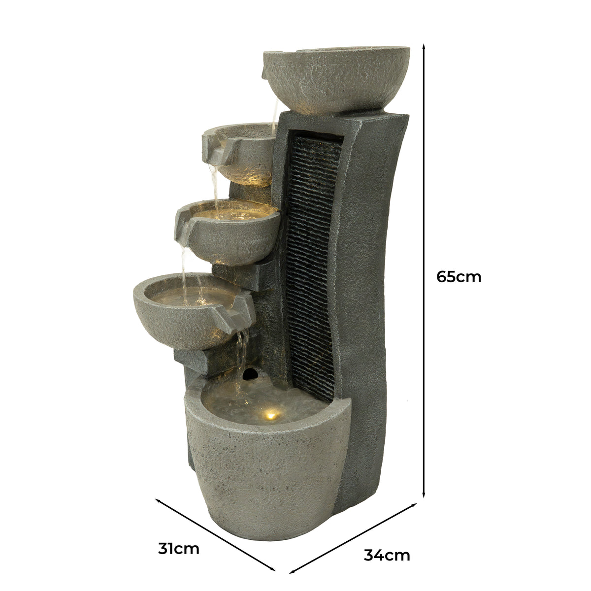 Elegante elektrische Wasseranlage "Sleek Streams" aus grauem Kunststein mit vier Wasserbecken, sanft fließendem Wasser und modernem Design, 65 cm hoch
