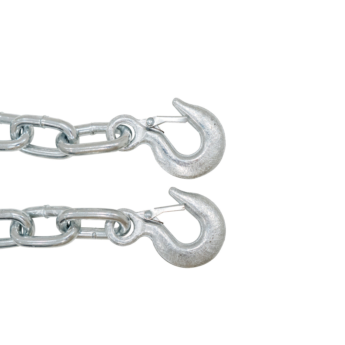 Zwei robuste, silberne Stahlhaken an einer starken Kette, ideal für den Einsatz mit dem T-Mech 2-Tonnen-Motorkran und Lastnivellierer
