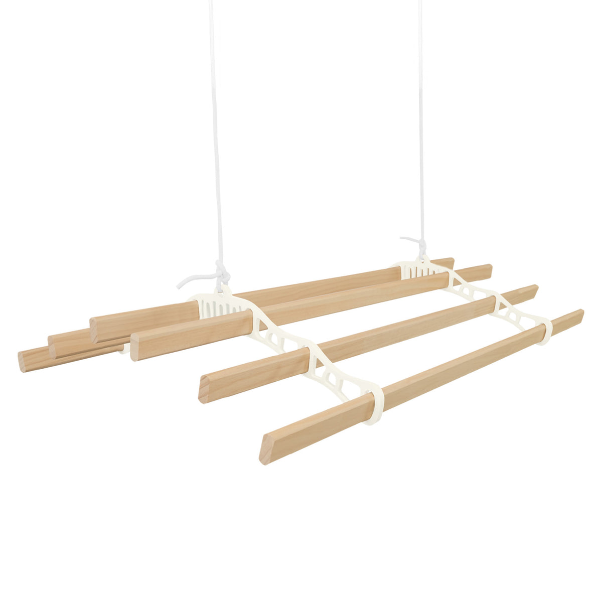 Elfenbeinfarbener Wäscheständer mit sechs Latten und Deckenrollen, aus hellem Holz, ideal für platzsparendes Trocknen von Wäsche