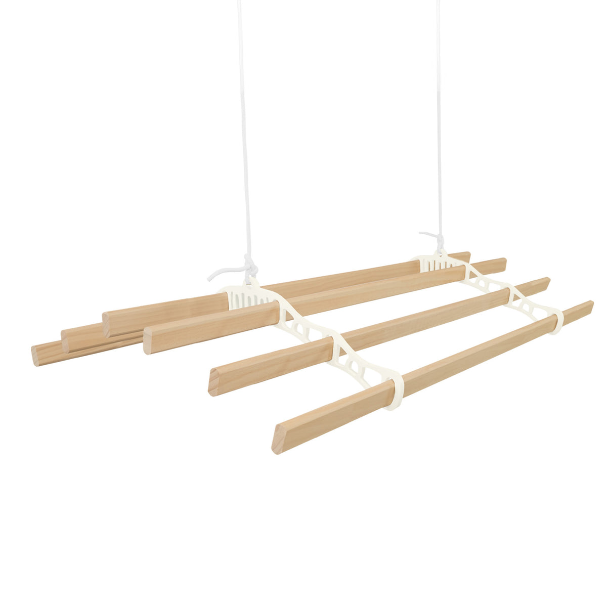 Elfenbeinfarbener Wäscheständer mit sechs Holzlatten und Deckenrollen, ideal zum Wäschetrocknen, bietet Stabilität und elegantes Design