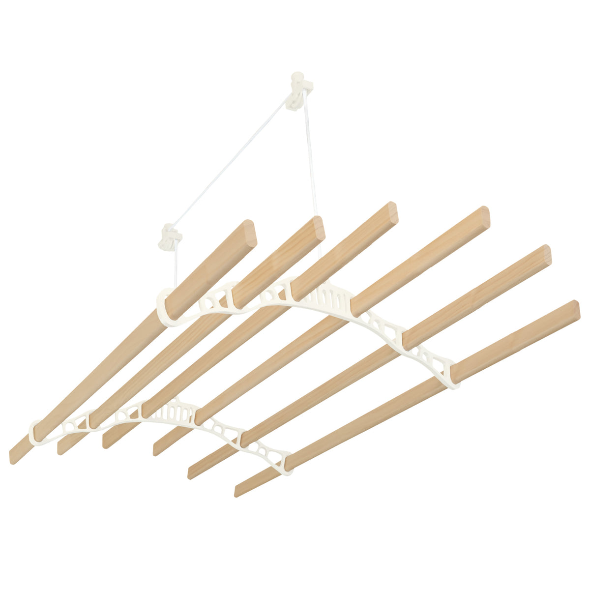 Elfenbeinfarbener Wäscheständer mit sechs Holzlatten und Deckenrollen, elegant geschwungenes Design, ideal für platzsparendes Trocknen von Wäsche