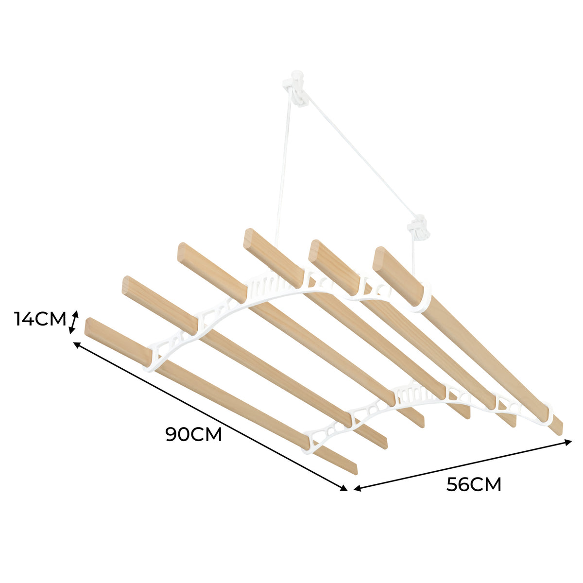 Weißfarbener 6-Latten-Wäscheständer mit Deckenrollen, aus Holz und Kunststoff, misst 90 cm in der Breite und 56 cm in der Tiefe, ideal für platzsparendes Trocknen