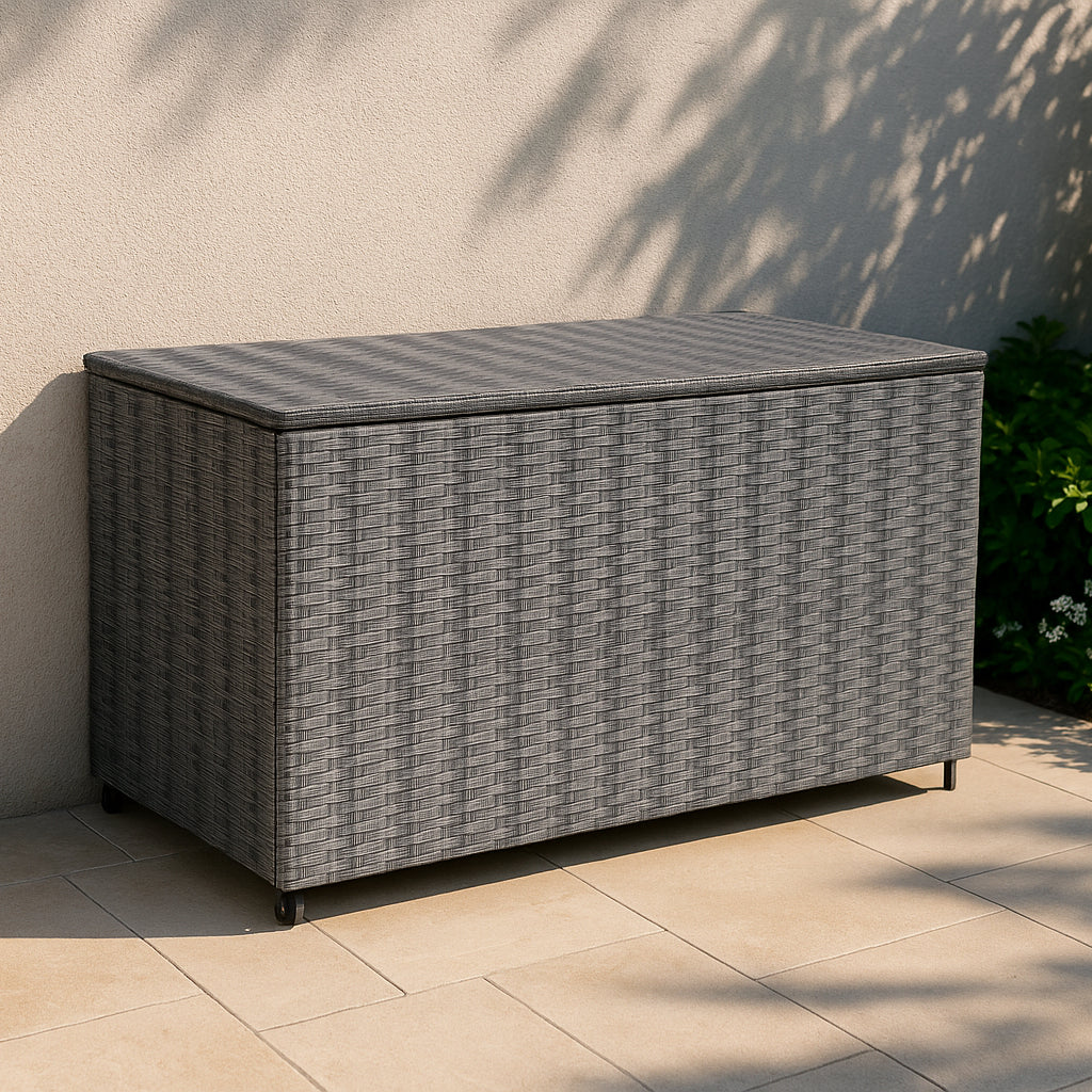 Grau geflochtene Rattan Kissenbox mit geräumigem Innenraum, ideal zur Aufbewahrung von Kissen und Decken, wetterfest und stilvoll für den Außenbereich