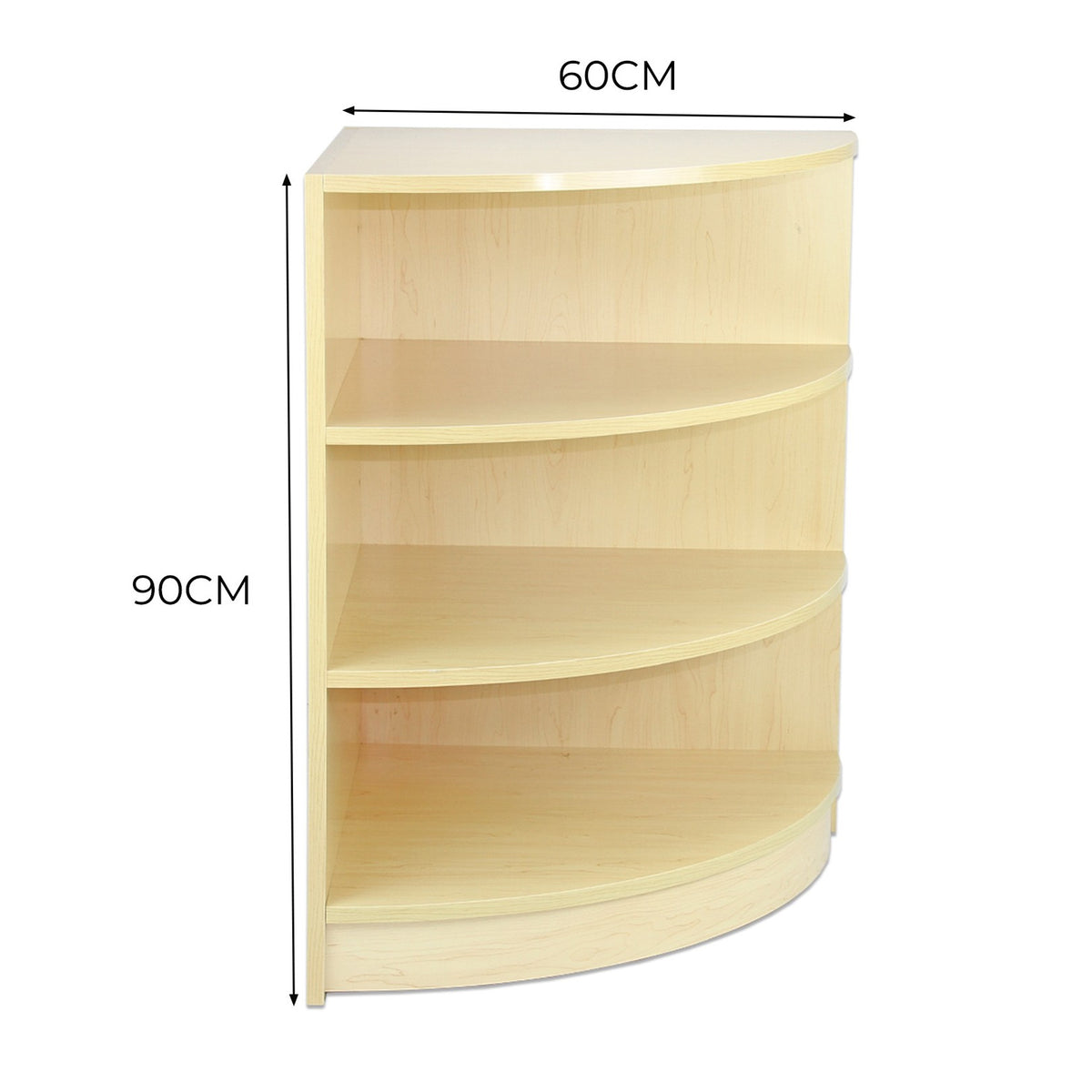 Eckiger Ladentresen aus hellem Ahornholz, mit vier offenen Regalen, abgerundeten Kanten und einer Höhe von 90 cm sowie einer Breite von 60 cm