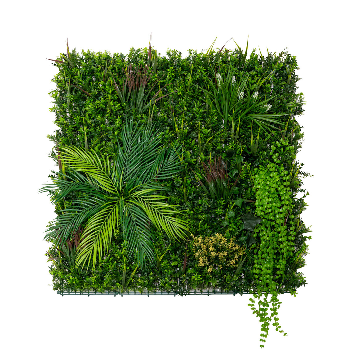 Grüne Wandfliese mit verschiedenen Pflanzen, darunter große Palmenblätter und hängende Efeuranken, in lebendigen Grüntönen und natürlicher Textur