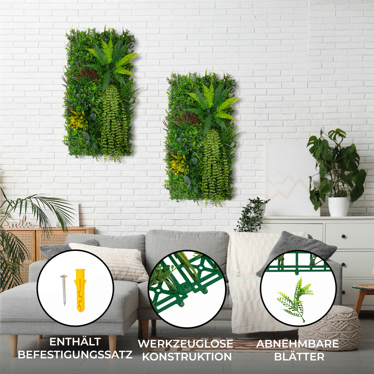 Künstliche Wandfliese in lebendigem Grün mit verschiedenen Pflanzenarten, abnehmbaren Blättern und werkzeugloser Konstruktion, ideal für moderne Innenräume