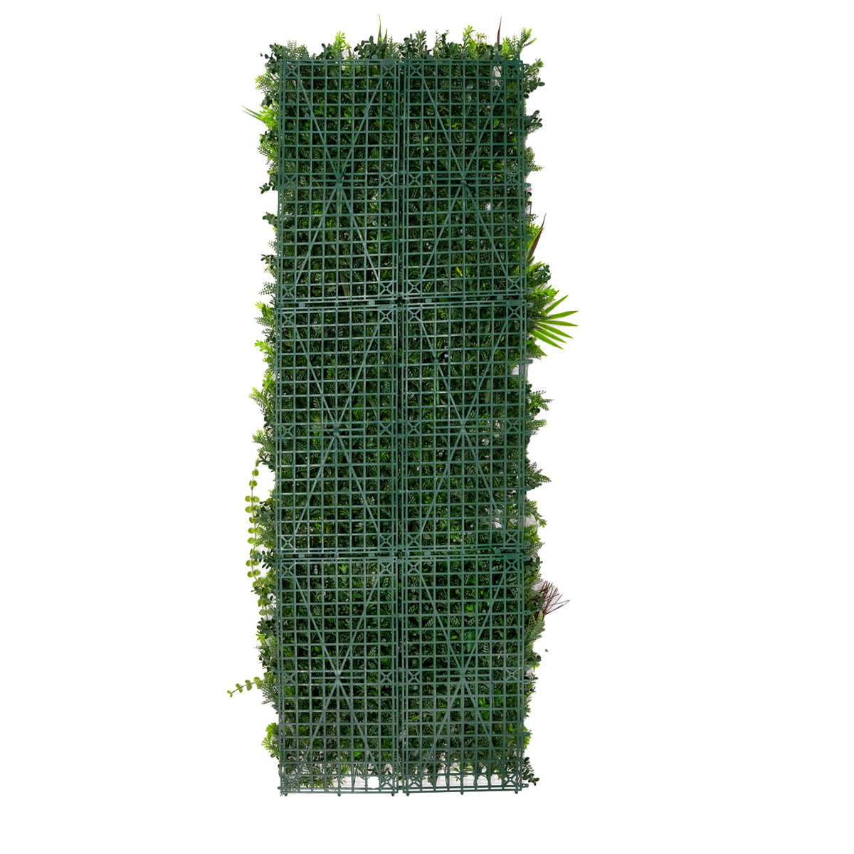 Künstliche Wandfliese in 50 cm x 150 cm, grün mit verschiedenen Pflanzen und einem strukturierten Gitterdesign für lebendige Akzente in jedem Raum
