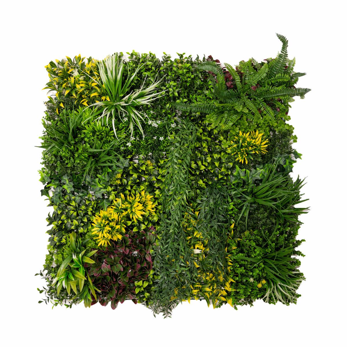 Künstliche Wandfliese mit üppigem, grünem Pflanzenmix in verschiedenen Texturen und Farben, ideal für dekorative Akzente in Innenräumen