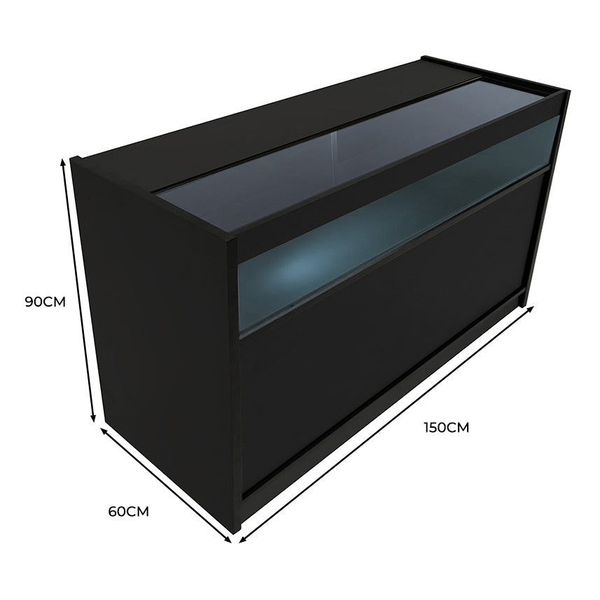 Schwarze LED-Ladentheke mit Glasoberfläche, 150 cm breit, 90 cm hoch und 60 cm tief, ideal für moderne Verkaufsräume und Ausstellungen