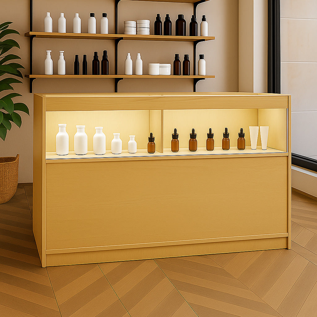 Moderne LED-Ladentheke aus hellem Ahornholz, mit sanfter Beleuchtung, präsentiert kosmetische Flaschen auf einer eleganten, minimalistischen Oberfläche