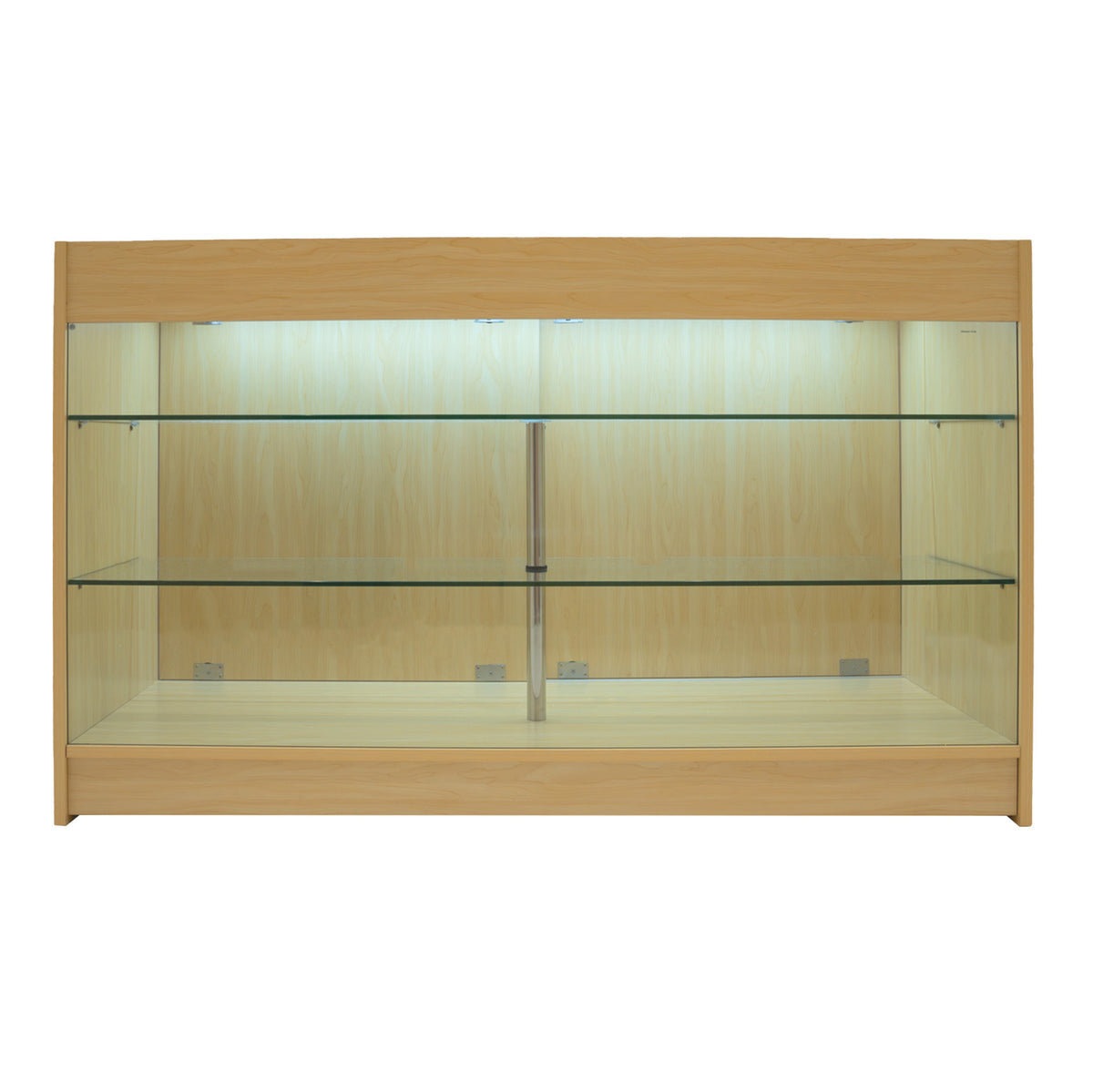 K1500 LED-Ladentheke aus hellem Ahornholz mit zwei Glasregalen, sanfter Beleuchtung und modernem, minimalistischen Design