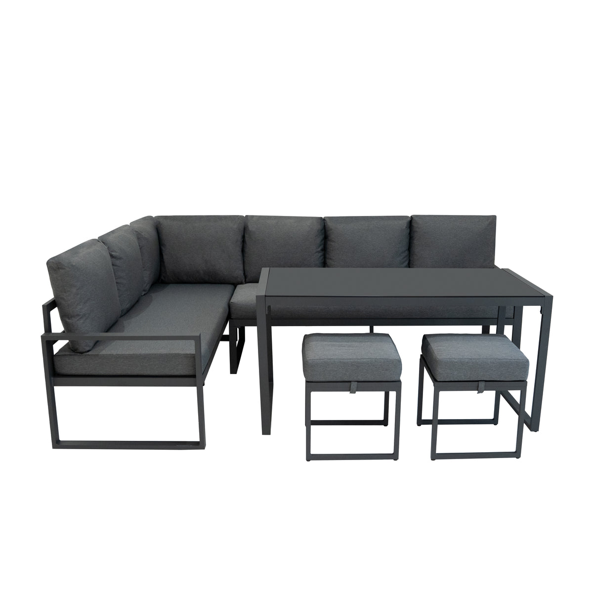Fünfteiliges Ecksofa-Set aus Aluminium in anthrazitgrau, mit weichen Polstern, modernem Design und passendem Tisch sowie zwei Hockern