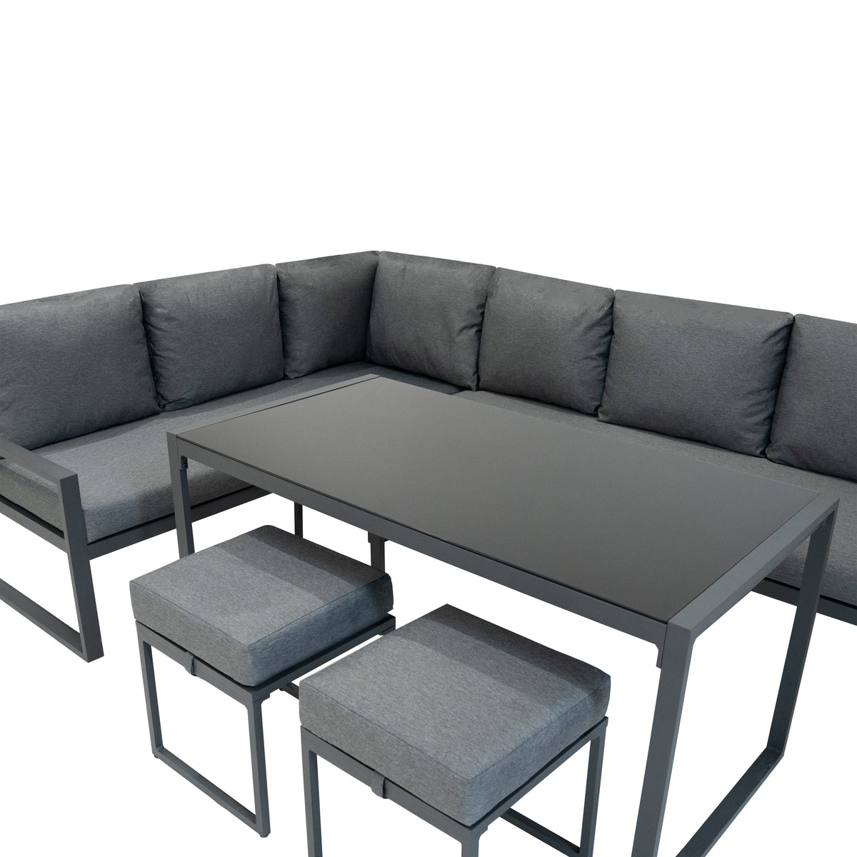 Fünfteiliges Ecksofa-Set in anthrazitgrau mit bequemen Kissen, eleganter Metallstruktur und passendem Tisch, ideal für moderne Außenbereiche