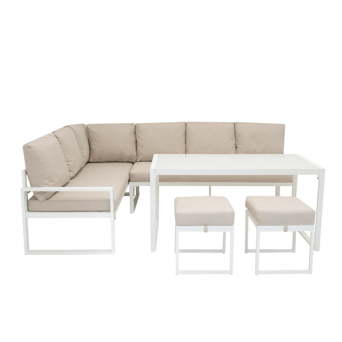 Elegantes 5-teiliges Ecksofa-Set aus Aluminium in Weiß mit beigen Kissen, inklusive Tisch und zwei Hockern, ideal für den Außenbereich