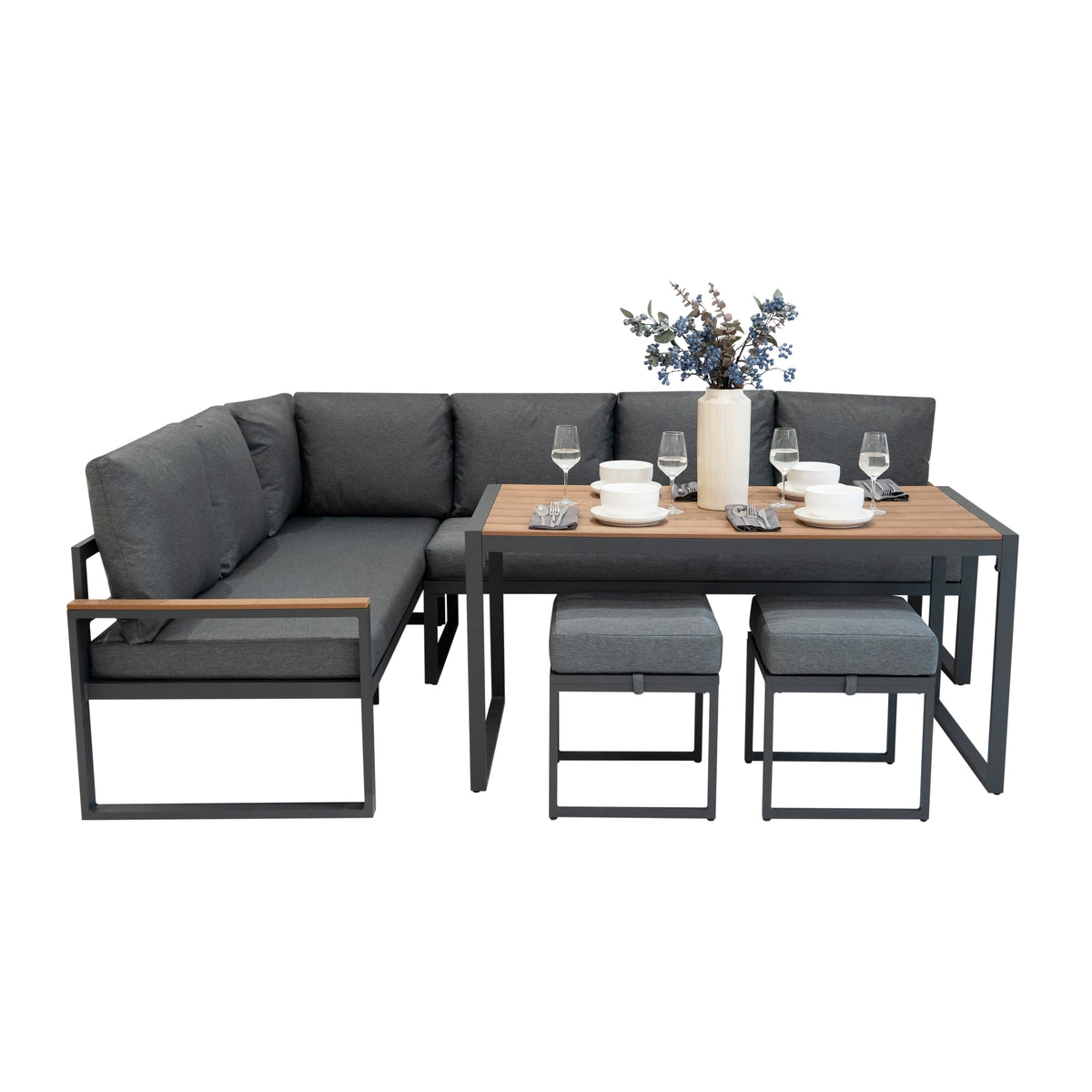 Elegantes 5-teiliges Ecksofa-Set aus Aluminium mit grauen Polstern und Holzplatte, ideal für stilvolle Außenbereiche und gesellige Zusammenkünfte
