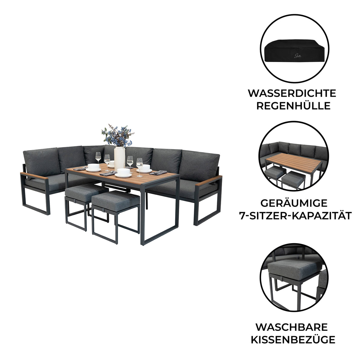 Fünfteiliges Ecksofa-Set aus Aluminium mit Holzdetails, grauen Kissen und einem eleganten Tisch, ideal für Garten oder Terrasse