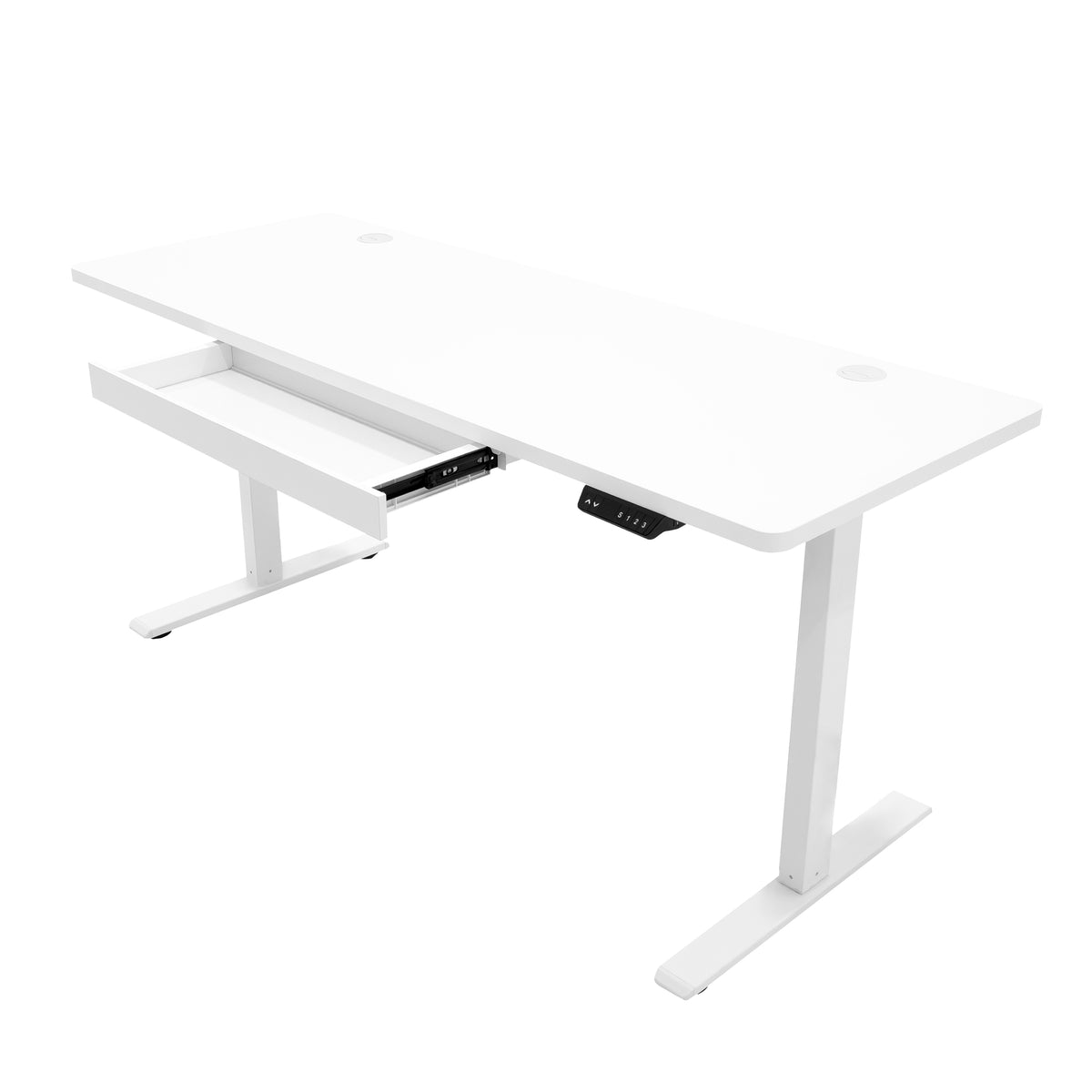 Moderner elektrischer Stehschreibtisch in Weiß, 160 cm x 60 cm, mit praktischer Schublade und stabilen, verstellbaren Metallbeinen