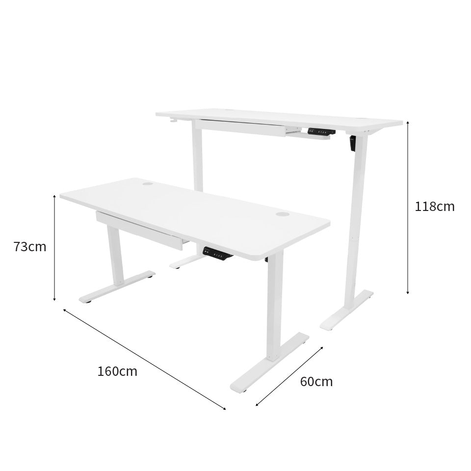 Elektrischer Stehschreibtisch in modernem Weiß, 160 cm x 60 cm, mit höhenverstellbarem Gestell und praktischer Schublade für zusätzlichen Stauraum