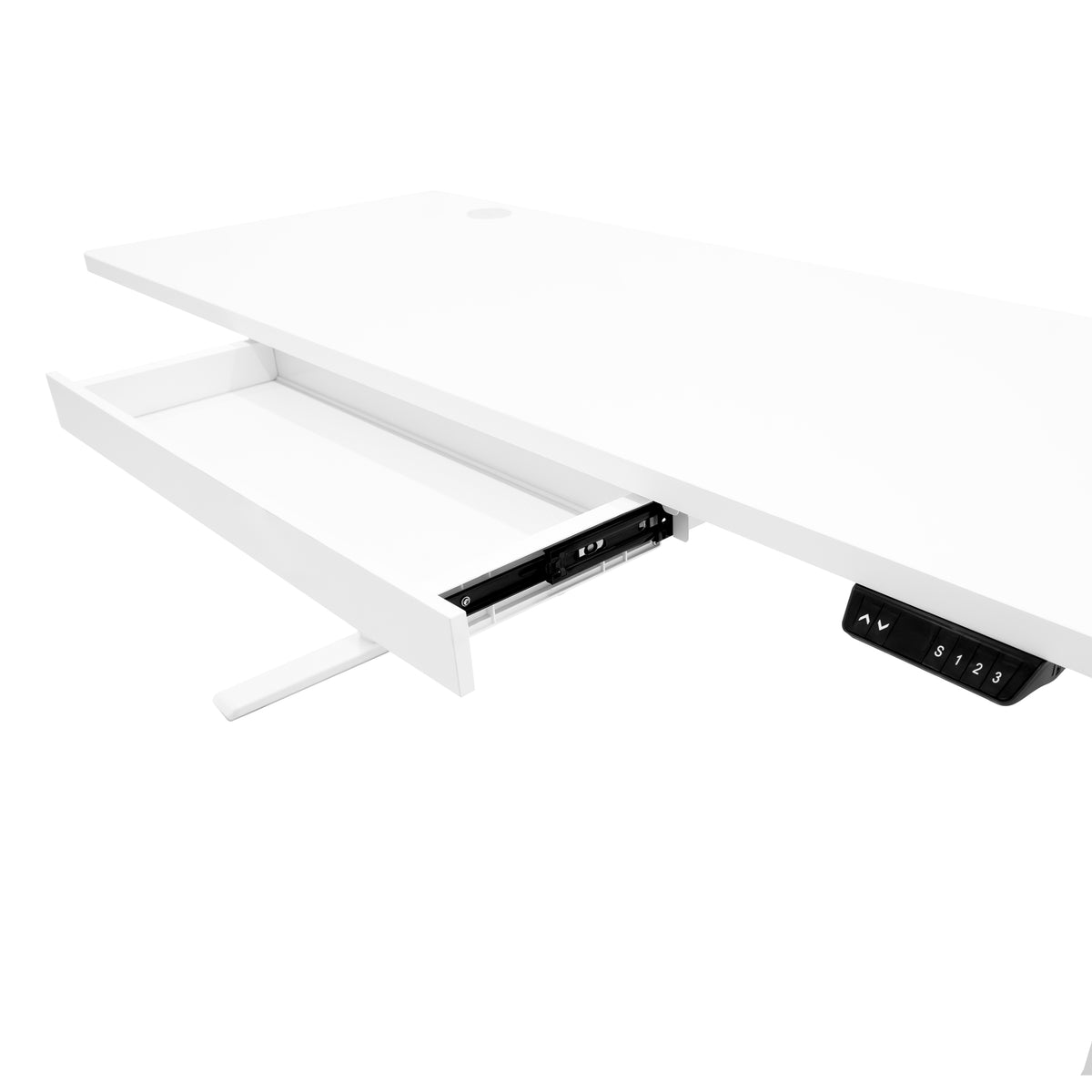 Moderner elektrischer Stehschreibtisch in Weiß, 160 cm x 60 cm, mit einer praktischen Schublade und einem Bedienfeld für die Höhenverstellung
