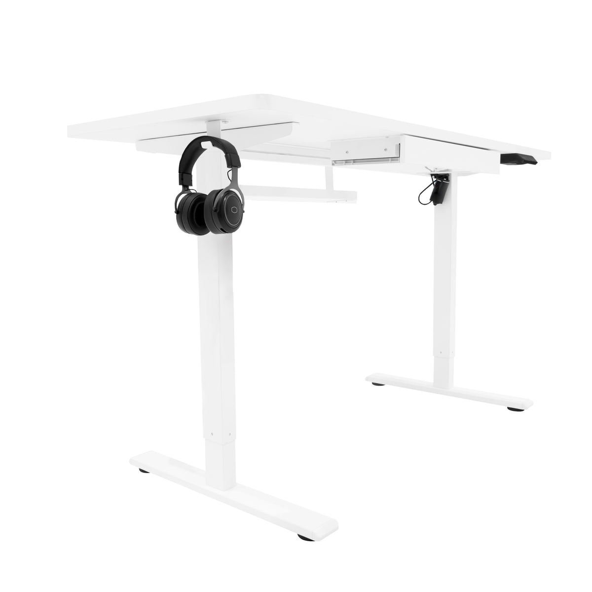 Elektrischer Stehschreibtisch in Weiß, 160 cm x 60 cm, mit schlichter Schublade und Kopfhörern, ideal für modernes Arbeiten und Homeoffice