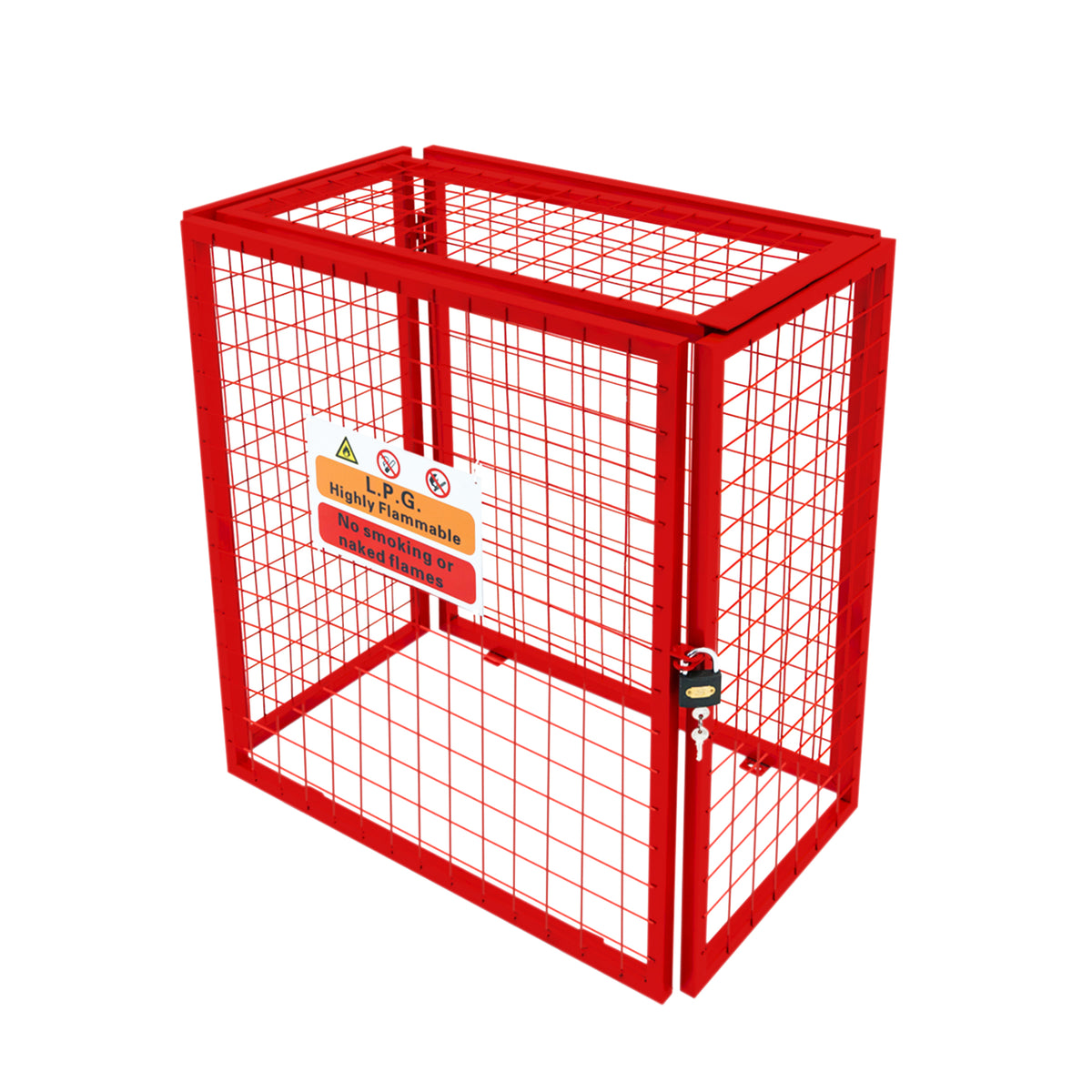 Zusammenklappbarer Gasflaschenschrank in leuchtendem Rot, aus robustem Metallgitter, mit Sicherheitsschloss und Warnschild für Lagerung von Gasflaschen