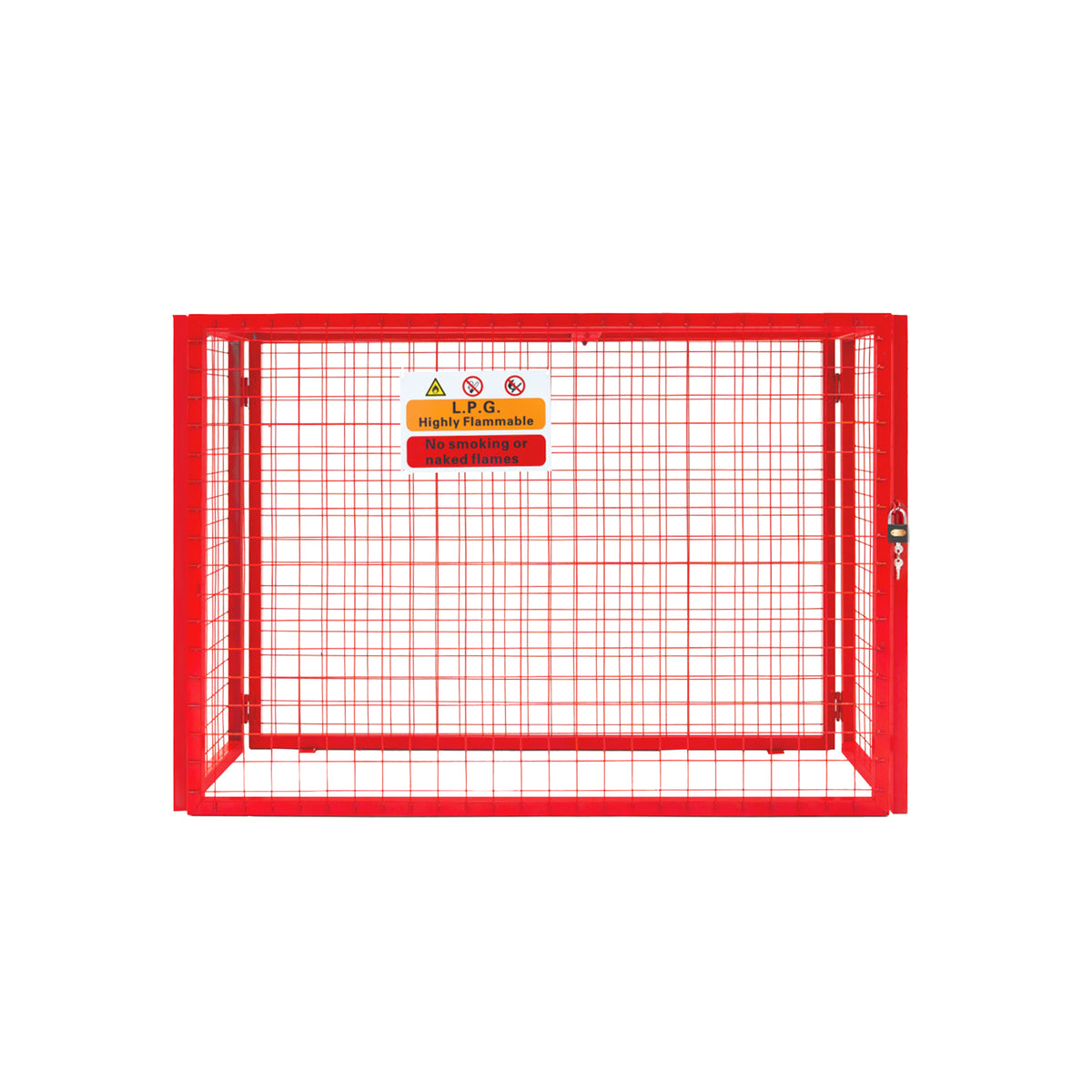 Zusammenklappbarer Gasflaschenschrank in leuchtendem Rot, aus robustem Metallgitter, mit Sicherheitswarnungen und abschließbarem Zugang, ideal für die sichere Lagerung von Gasflaschen