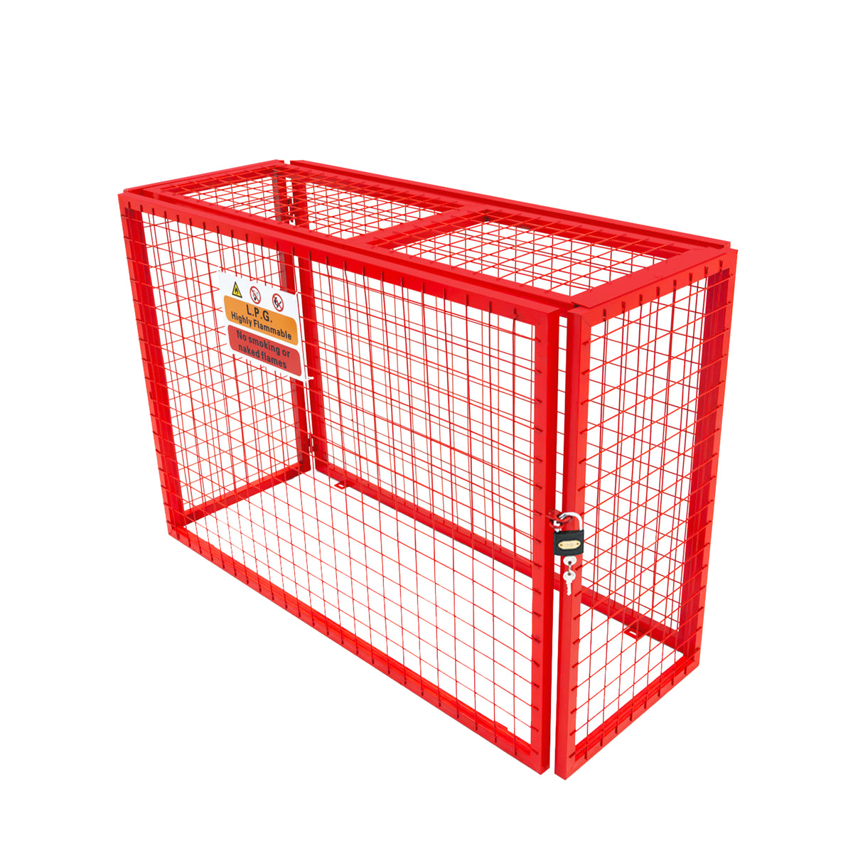 Zusammenklappbarer Gasflaschenschrank in leuchtendem Rot, aus robustem Metallgitter, mit sicherem Schloss und Warnschild, ideal für die sichere Aufbewahrung von Gasflaschen