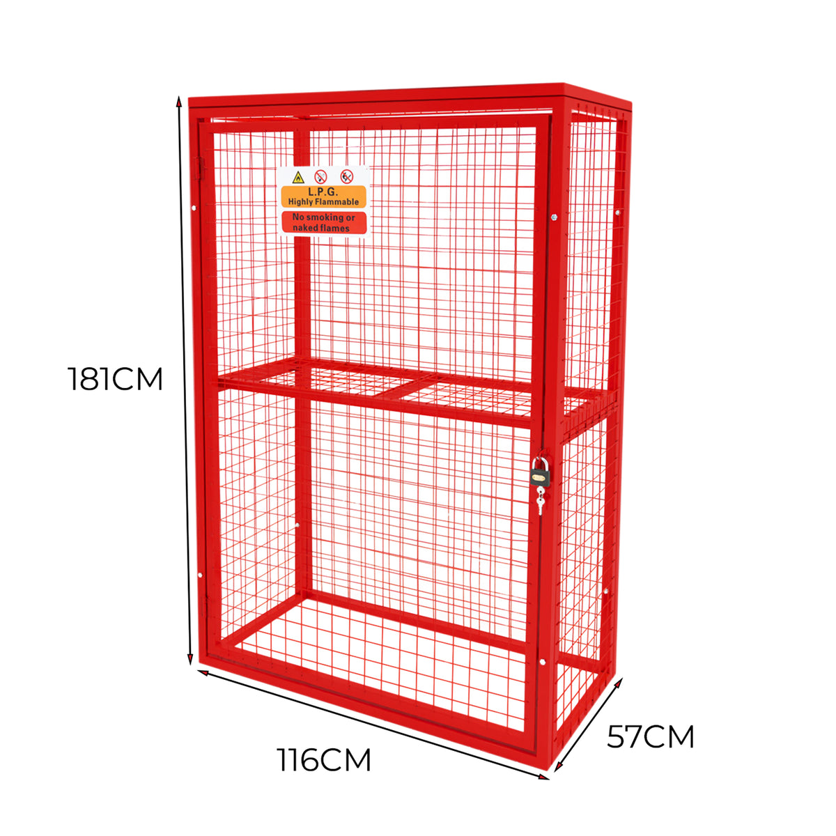 Robuster, zusammenklappbarer Gasflaschenschrank in leuchtendem Rot, aus stabilem Metallgitter, Maße 181 cm x 116 cm x 57 cm, mit Sicherheitsschloss