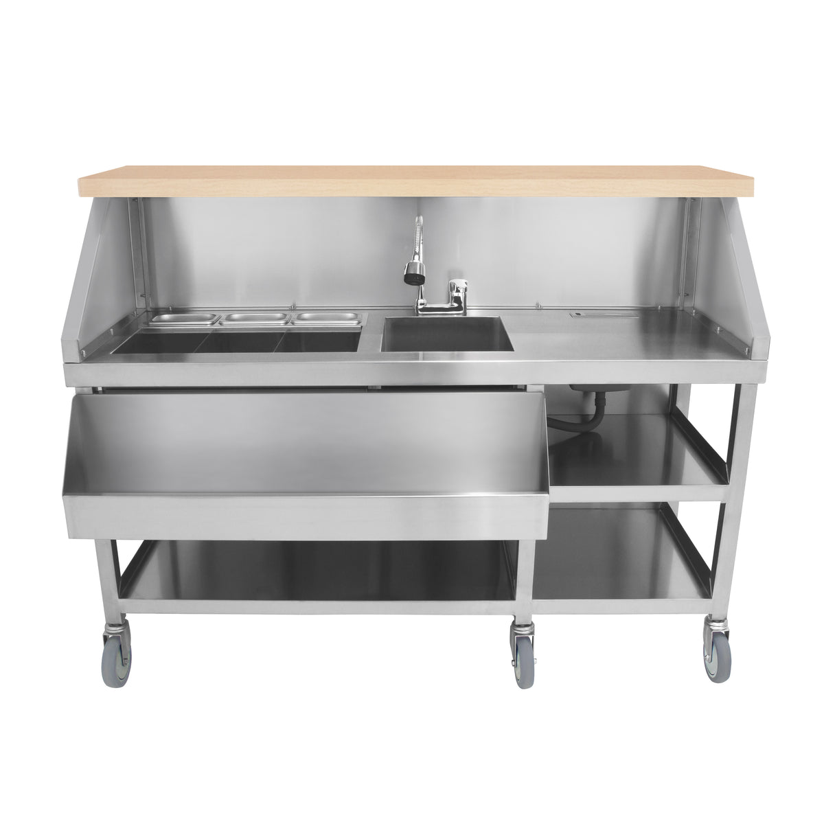 Mobile Cocktailbar Station aus Edelstahl mit Holzarbeitsplatte, zwei Behältern, Spüle und praktischen Ablageflächen auf Rollen