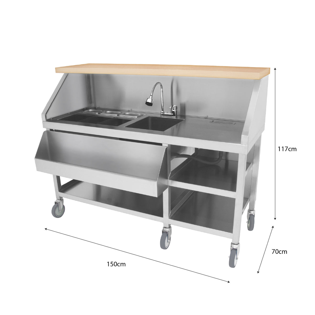 Mobile Cocktailbar Station aus Edelstahl mit Holzoberfläche, zwei Spülen, einem großen Schublade und Rollen für einfache Mobilität, 150 cm breit, 117 cm hoch