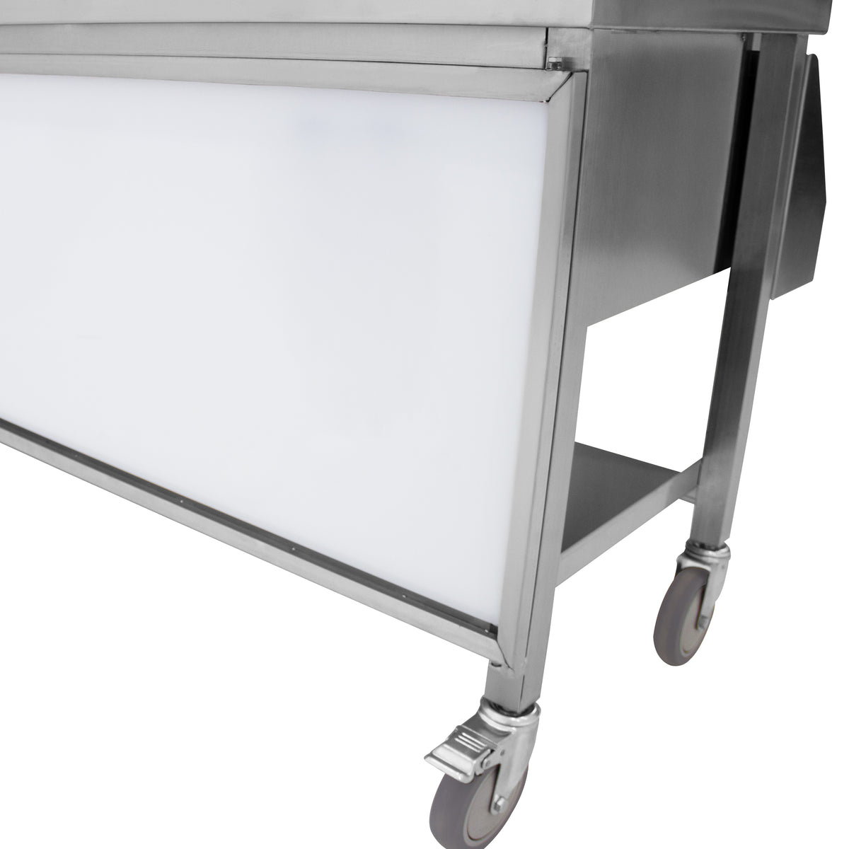 Mobile Cocktailbar Station aus Edelstahl mit weißer, beleuchteter Front, auf stabilen Rollen für einfache Mobilität und vielseitige Nutzung