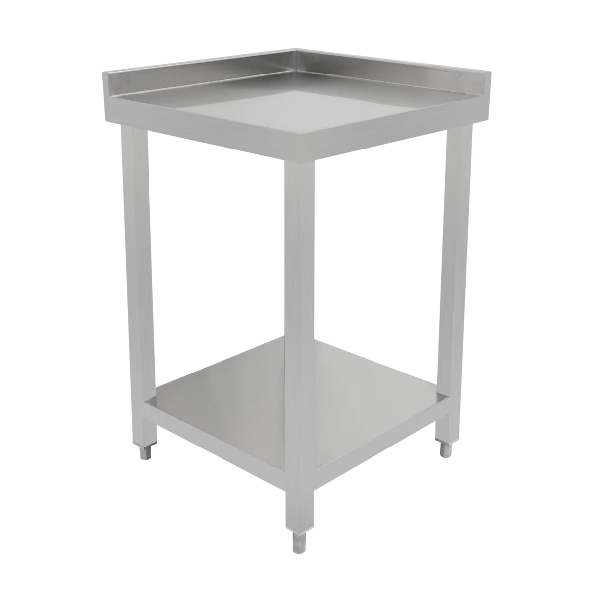 Modulare Cocktailbar-Eckeinheit aus Edelstahl mit quadratischer Form, glatter Oberfläche und unterer Ablage für Getränke und Zubehör
