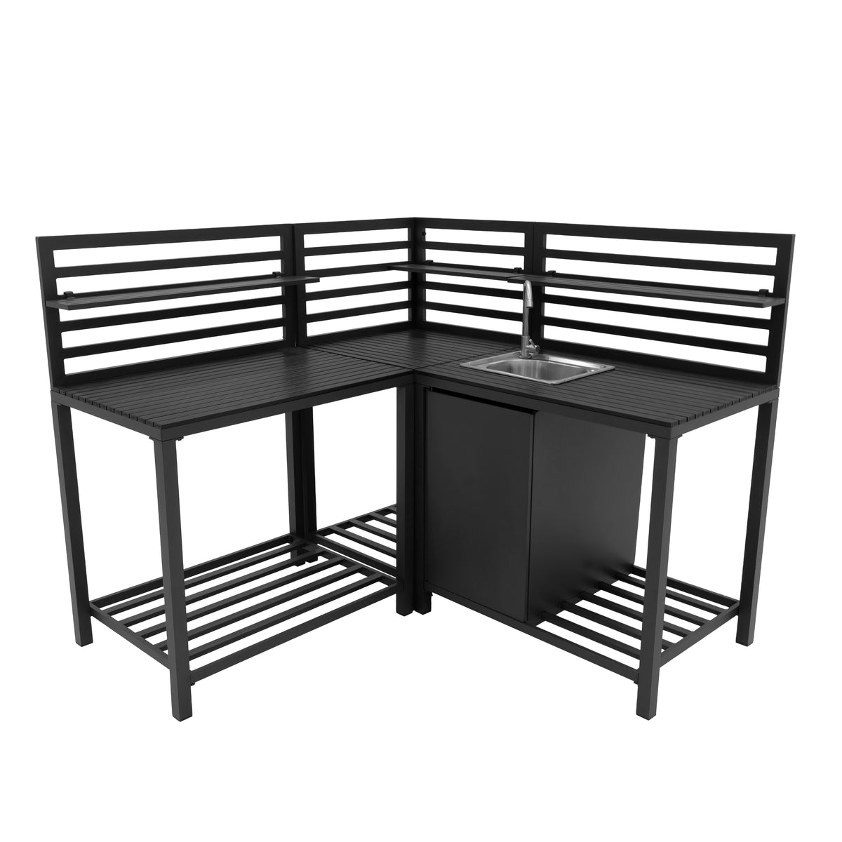 Dunkelgraues, dreiteiliges Aluminium-Küchen-Set für den Außenbereich mit modernem Design, integrierter Spüle und offenen Regalen für Stauraum