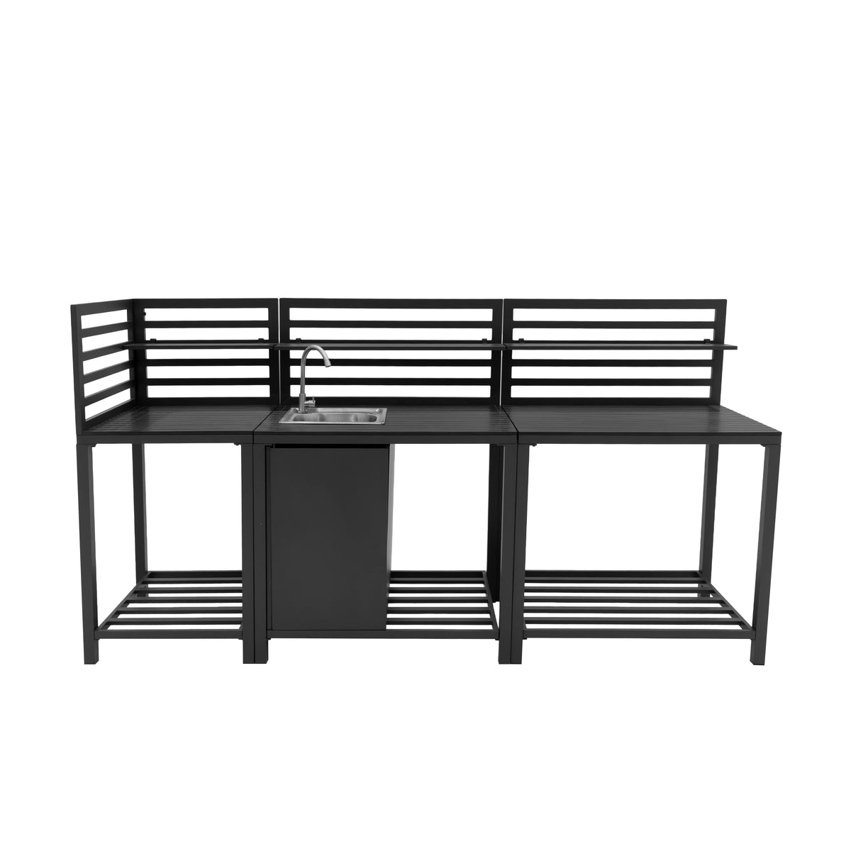 Dunkelgraues, dreiteiliges Aluminium-Küchen-Set für den Außenbereich mit modernem Design, integriertem Waschbecken und offenen Regalen für Stauraum