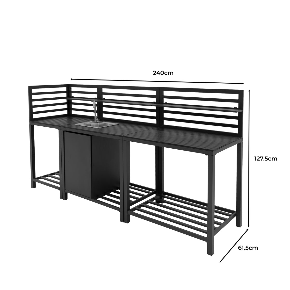 Dunkelgraues, modernes 3-teiliges Aluminium-Küchen-Set für den Außenbereich mit geräumiger Arbeitsfläche und integriertem Waschbecken, ideal für Grillpartys