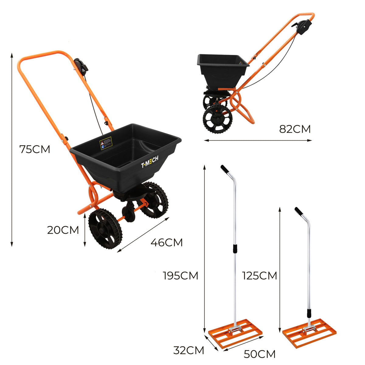 Rasennivellierer und Rotationsstreuer in leuchtendem Orange mit schwarzem Behälter, robusten Rädern und verstellbarem Griff, ideal für Gartenarbeiten
