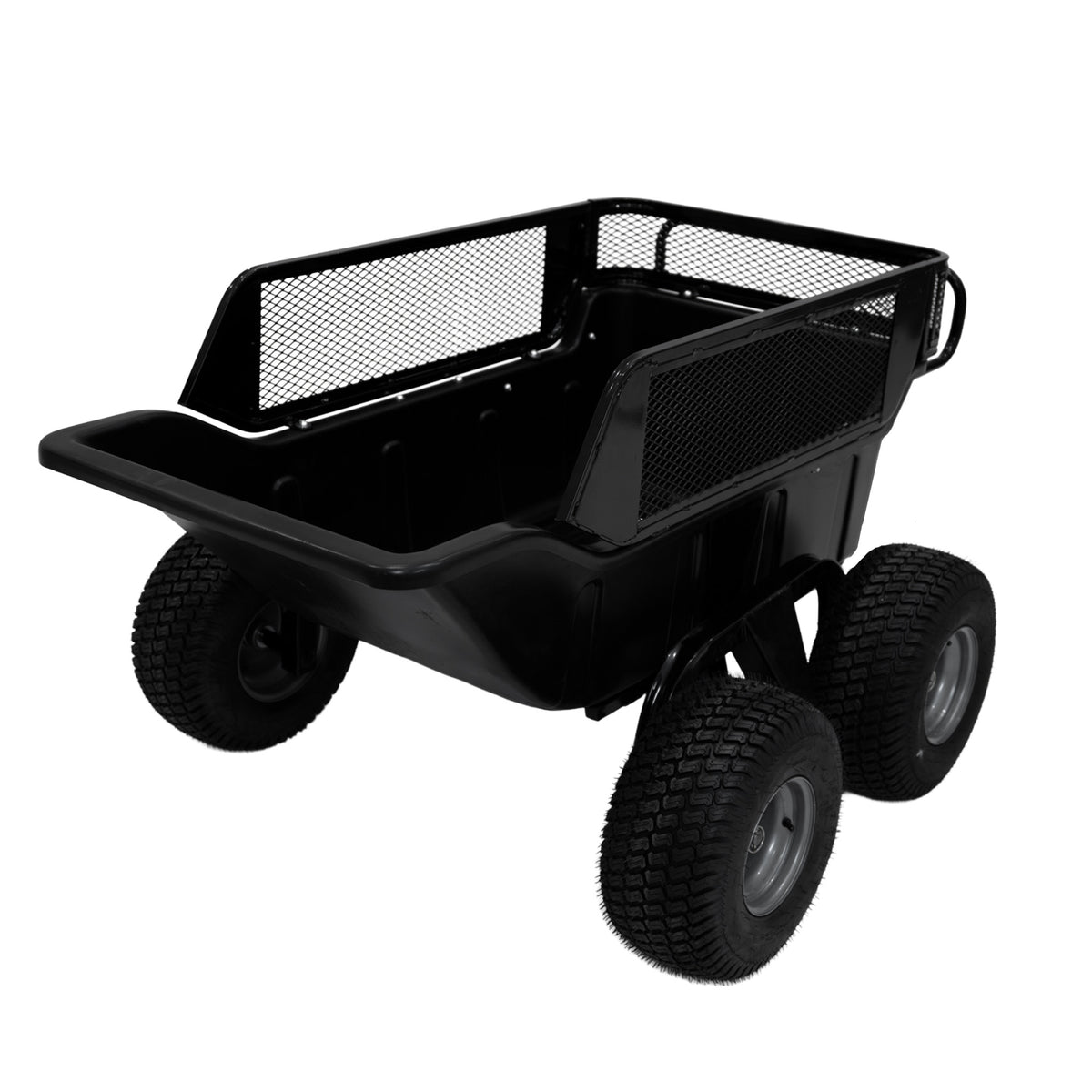 Kippbarer Anhänger für ATV/Quad mit vier robusten Gummireifen, schwarzem Metallrahmen und einem stabilen, offenen Korbdesign für vielseitige Nutzung