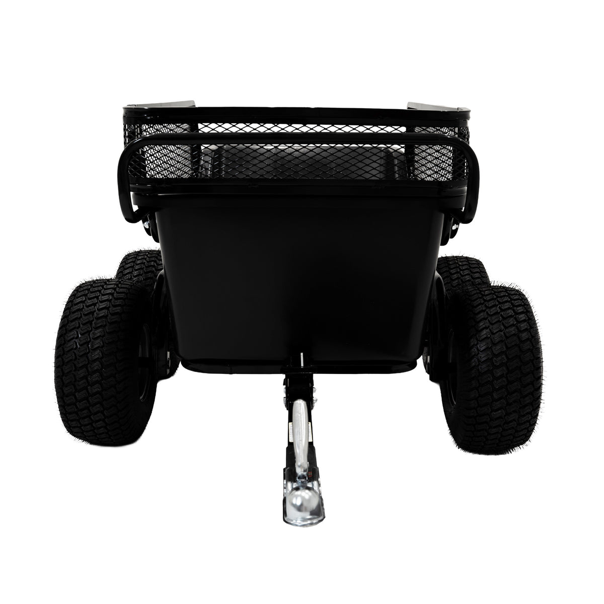 Kippbarer Anhänger für ATV/Quad mit robustem schwarzen Metallkörper, Netzgitter und vier stabilen, profilierten Gummireifen