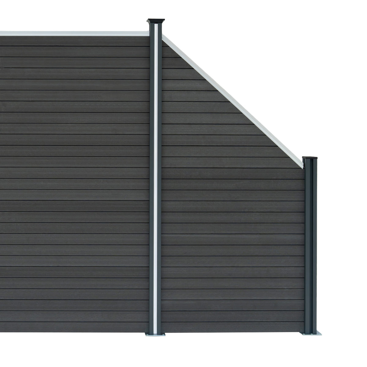 Grau WPC Sichtschutzzaun Eckzaun Element mit glatten, horizontalen Lamellen und stabilen, schwarzen Aluminiumpfosten, ideal für Garten- und Terrassengestaltung