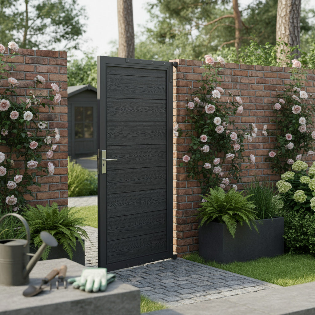 Schwarze Holztür mit modernem Design, umgeben von einer Backsteinmauer, üppigen Rosen und grünen Pflanzen in stilvollen Töpfen