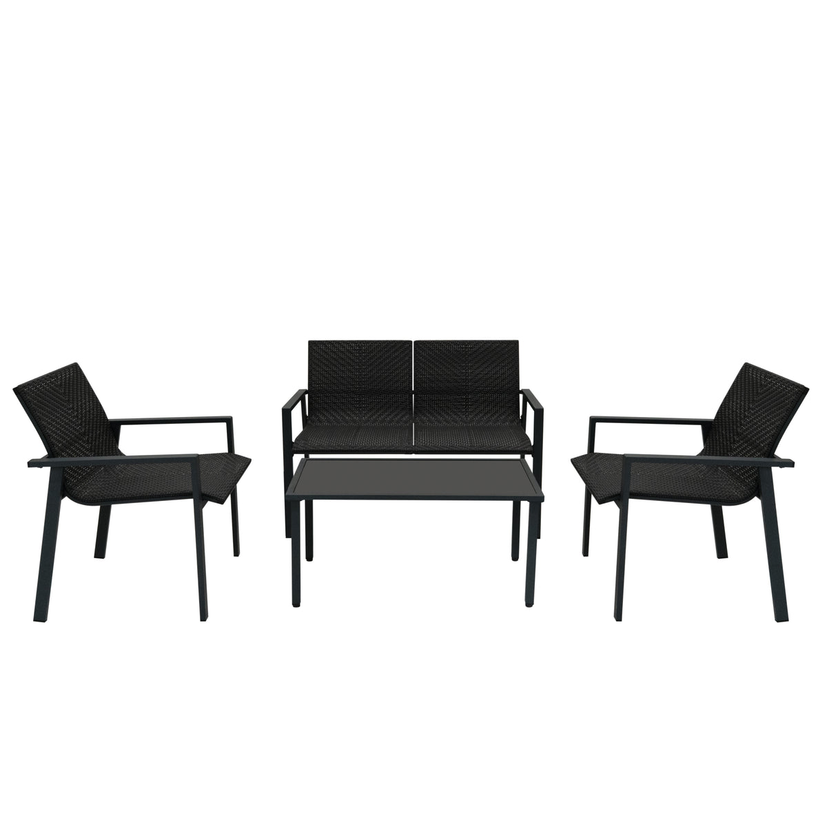 Schwarzes Rattan Terrassenmöbel Set bestehend aus zwei Stühlen und einer Couch mit passendem Tisch, ideal für Garten und Balkon